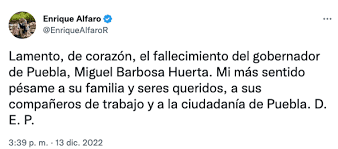 Enrique Alfaro lamenta fallecimiento del gobernador de Puebla Miguel Barbosa