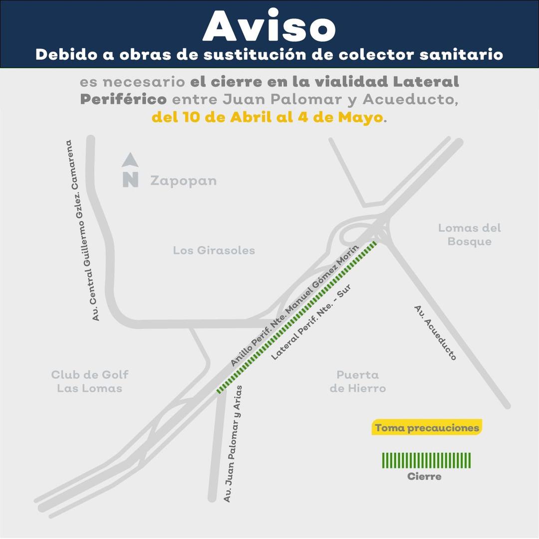 Zapopan: Anuncian cierre vial por obra del SIAPA en Periférico Norte