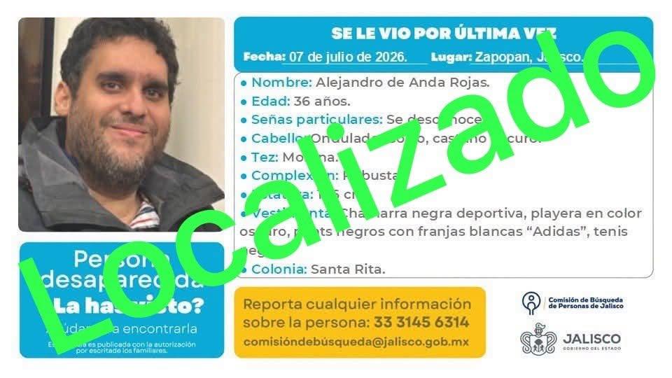 Alejandro de Anda Rojas: Localizan con vida a joven desaparecido en Zapopan