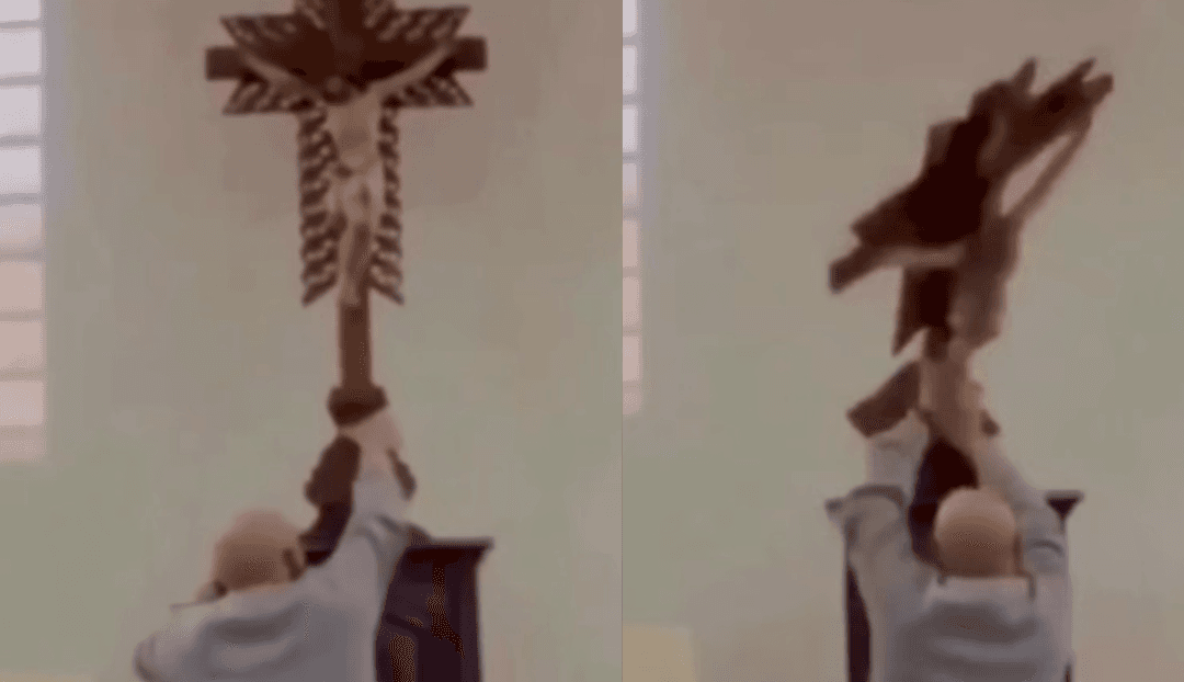 VIDEO: Cae cruz sobre un sacerdote en Colombia